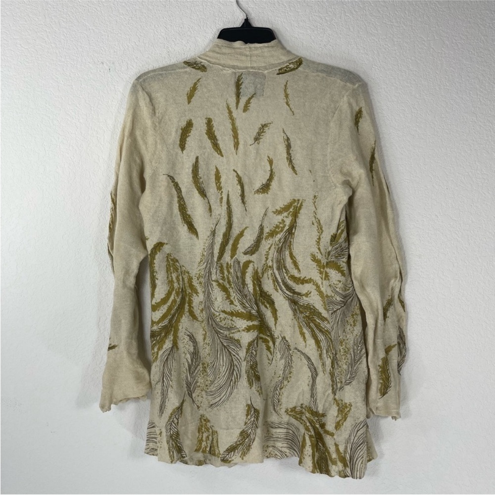 Anthropologie thin knit ecru gold metallic feather print open cardigan sweater M - Picture 4 of 11